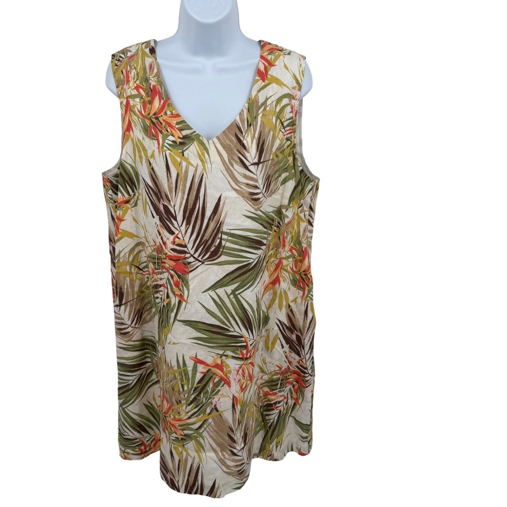 J. Jill Womens L Dress Cream Tropical Print 100% Linen V-Neck Lined Sleeveless